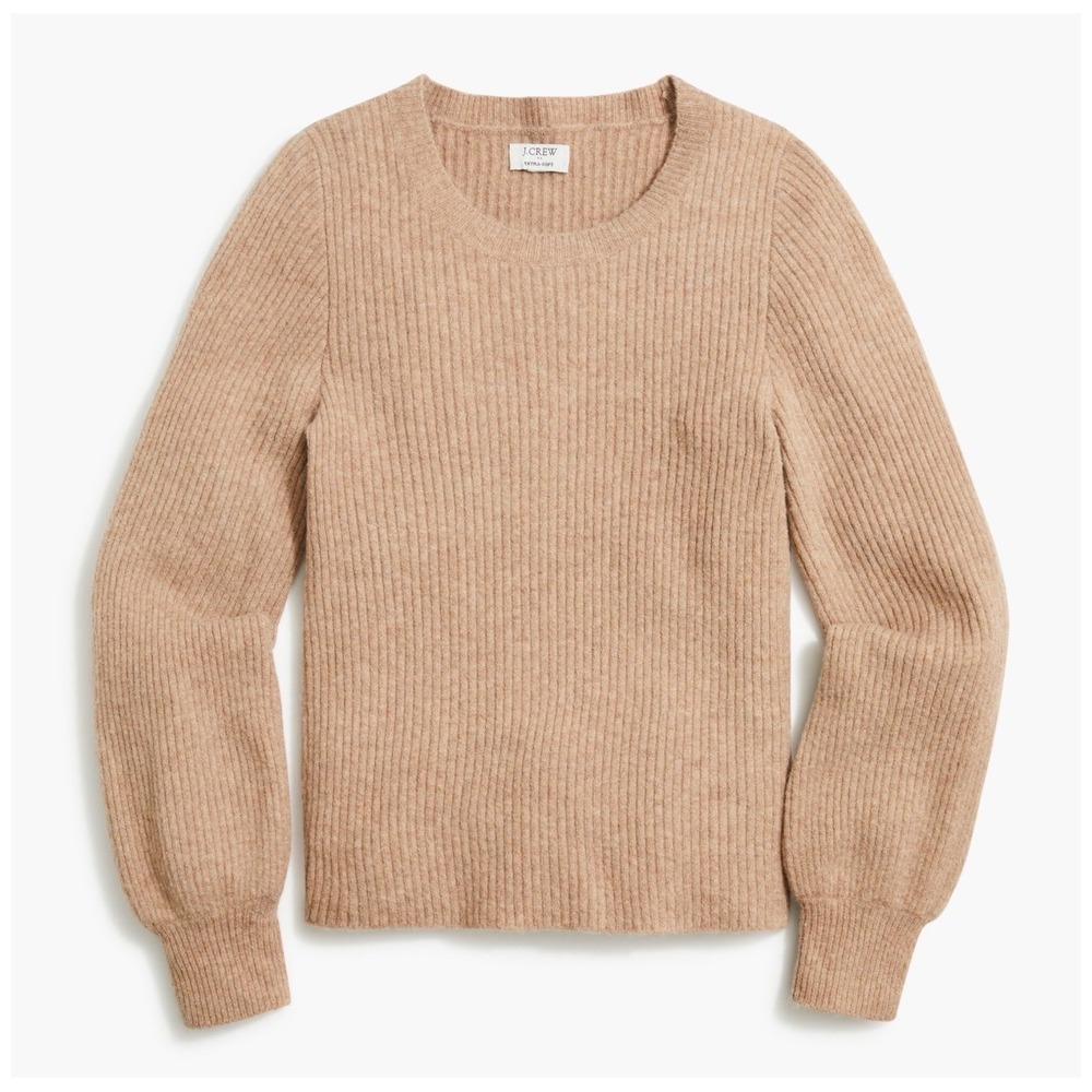 J. Crew Ribbed Puff Sleeve Sweater in Extra Soft Yarn Tan Small